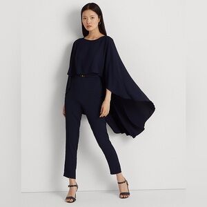 Lauren Ralph Lauren Belted Cape Georgette Jumpsuit Navy Size 12 Elegant Overlay